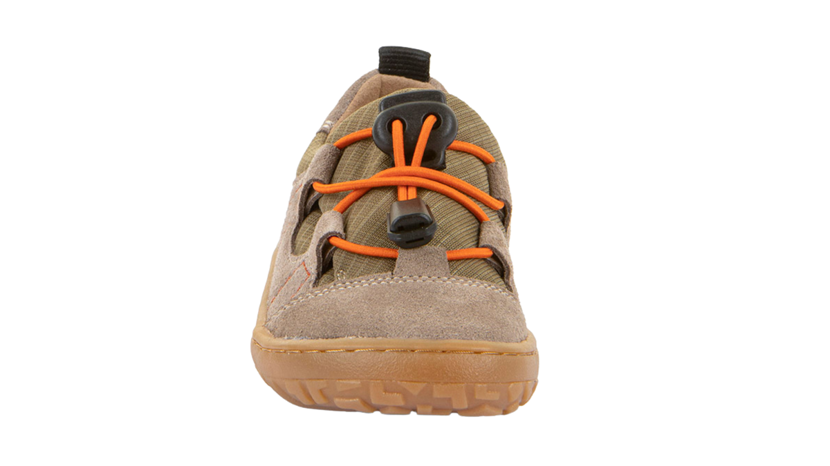 Barfußschuh für Kinder, geschlossene Zehen und geschlossener Fersenbereich, elastische Schnürung mit Schnellverschluss, seitliche Aussparungen, flexible Sohle, Einzelschuh, Vorderansicht