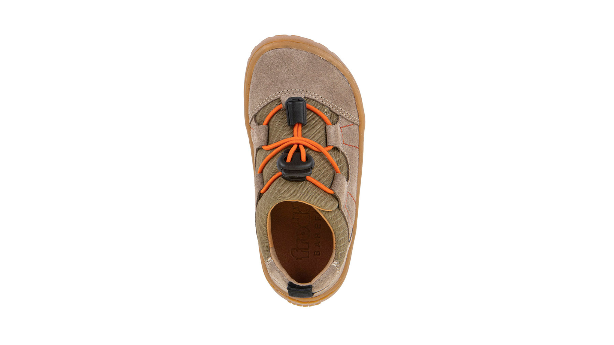 Barfußschuh für Kinder, geschlossene Zehen und geschlossener Fersenbereich, elastische Schnürung mit Schnellverschluss, seitliche Aussparungen, flexible Sohle, Einzelschuh, Draufsicht