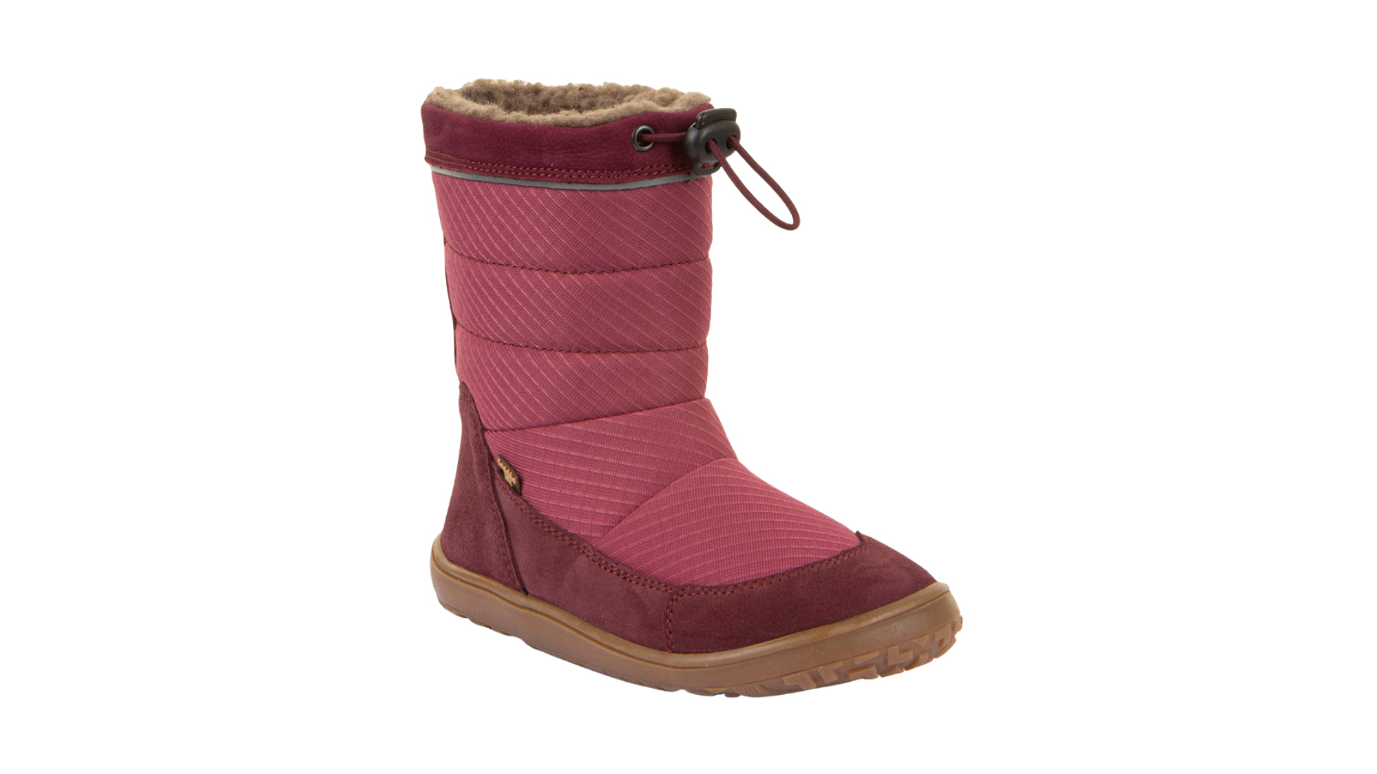 Barfußwinterstiefel für Kinder, geschlossene Zehen und geschlossener Fersenbereich, Kordelzug am Schaft, profilierte Sohle, Einzelschuh, schräge Vorderansicht