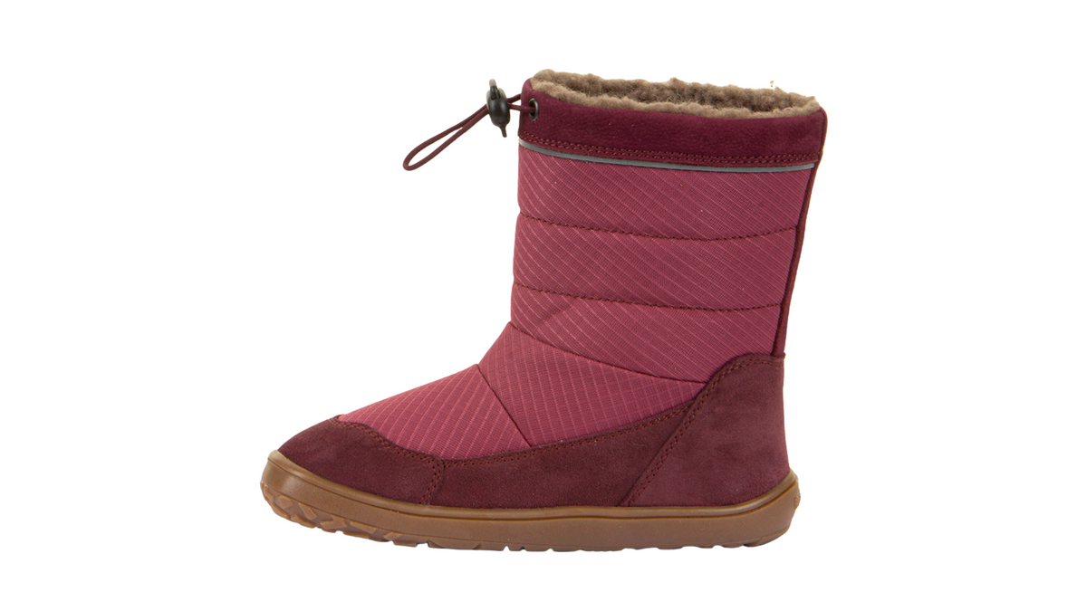 Barfußwinterstiefel für Kinder, geschlossene Zehen und geschlossener Fersenbereich, Kordelzug am Schaft, profilierte Sohle, Einzelschuh, Seitenansicht innen