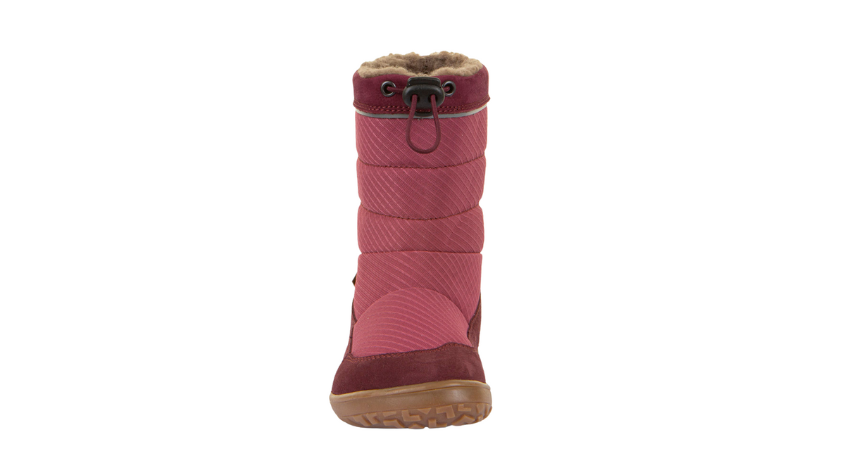 Barfußwinterstiefel für Kinder, geschlossene Zehen und geschlossener Fersenbereich, Kordelzug am Schaft, profilierte Sohle, Einzelschuh, Vorderansicht
