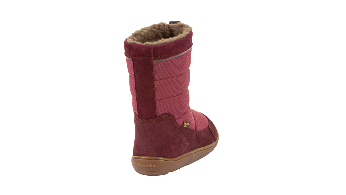 Barfußwinterstiefel für Kinder, geschlossene Zehen und geschlossener Fersenbereich, Kordelzug am Schaft, profilierte Sohle, Einzelschuh, Rückansicht