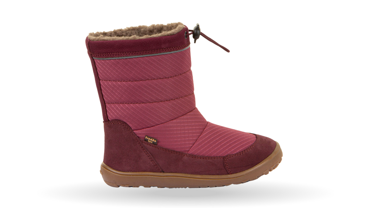 Barfußwinterstiefel für Kinder, geschlossene Zehen und geschlossener Fersenbereich, Kordelzug am Schaft, profilierte Sohle, Einzelschuh, Seitenansicht außen