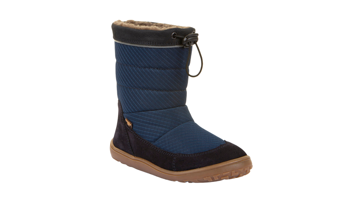 Barfußwinterstiefel für Kinder, geschlossene Zehen und geschlossener Fersenbereich, Kordelzug am Schaft, profilierte Sohle, Einzelschuh, schräge Vorderansicht