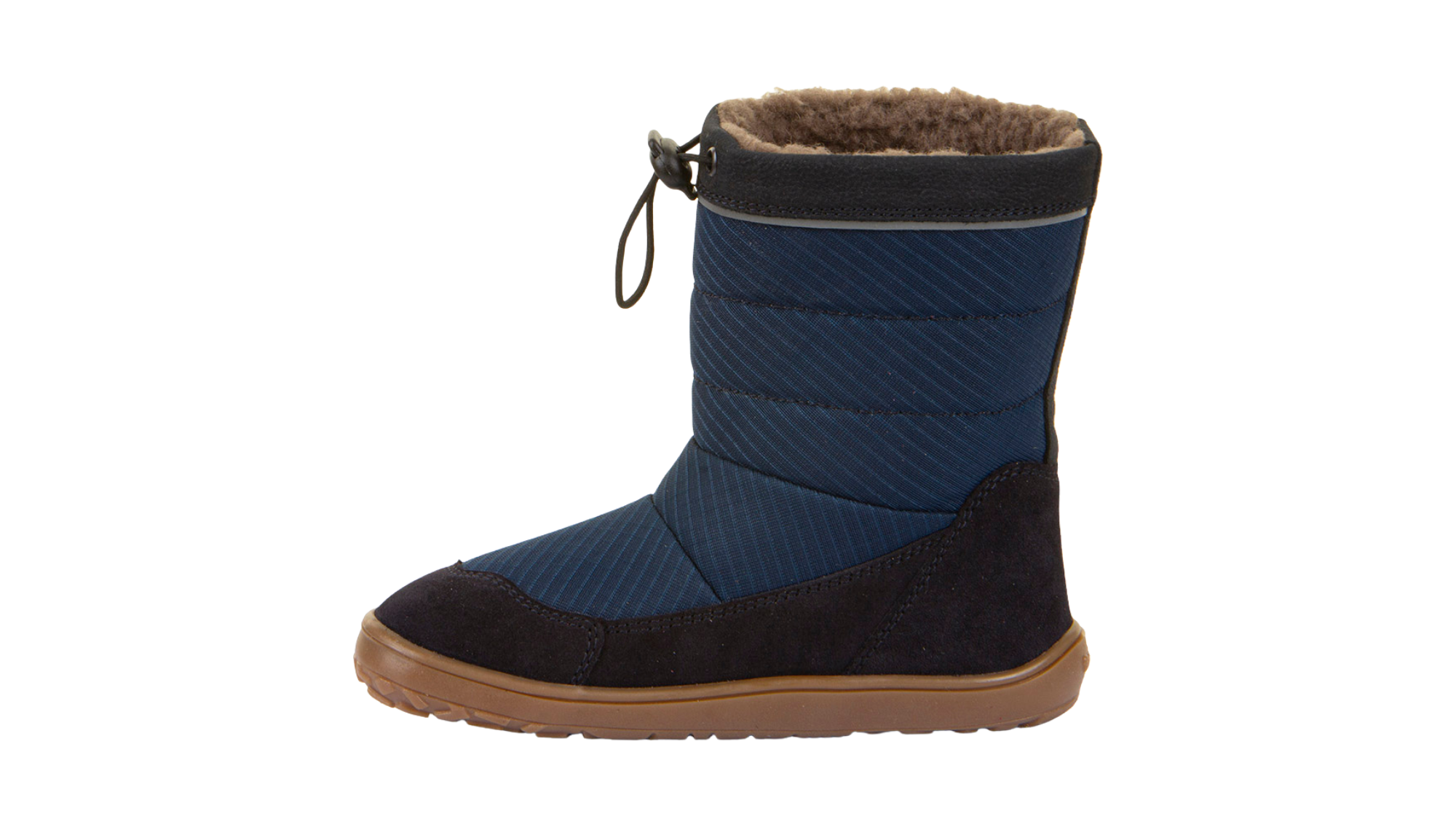 Barfußwinterstiefel für Kinder, geschlossene Zehen und geschlossener Fersenbereich, Kordelzug am Schaft, profilierte Sohle, Einzelschuh, Seitenansicht innen