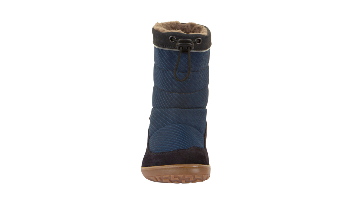Barfußwinterstiefel für Kinder, geschlossene Zehen und geschlossener Fersenbereich, Kordelzug am Schaft, profilierte Sohle, Einzelschuh, Vorderansicht