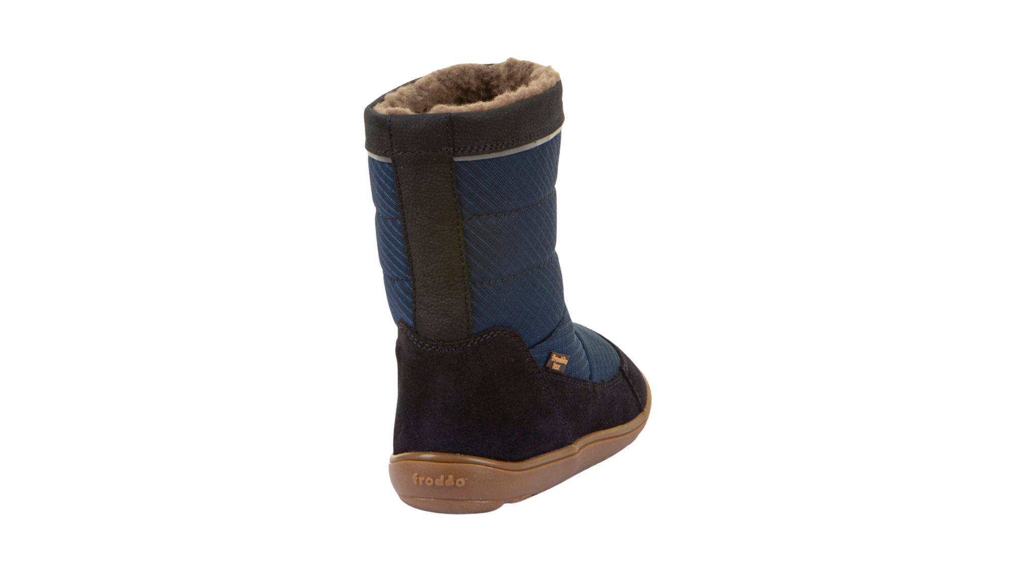 Barfußwinterstiefel für Kinder, geschlossene Zehen und geschlossener Fersenbereich, Kordelzug am Schaft, profilierte Sohle, Einzelschuh, Rückansicht
