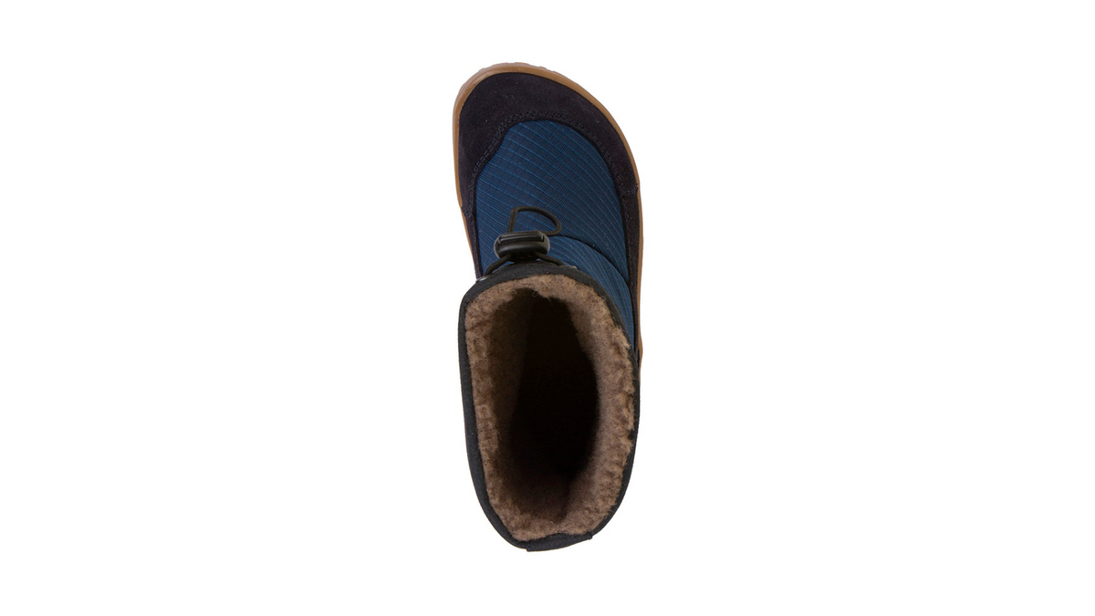 Barfußwinterstiefel für Kinder, geschlossene Zehen und geschlossener Fersenbereich, Kordelzug am Schaft, profilierte Sohle, Einzelschuh, Draufsicht