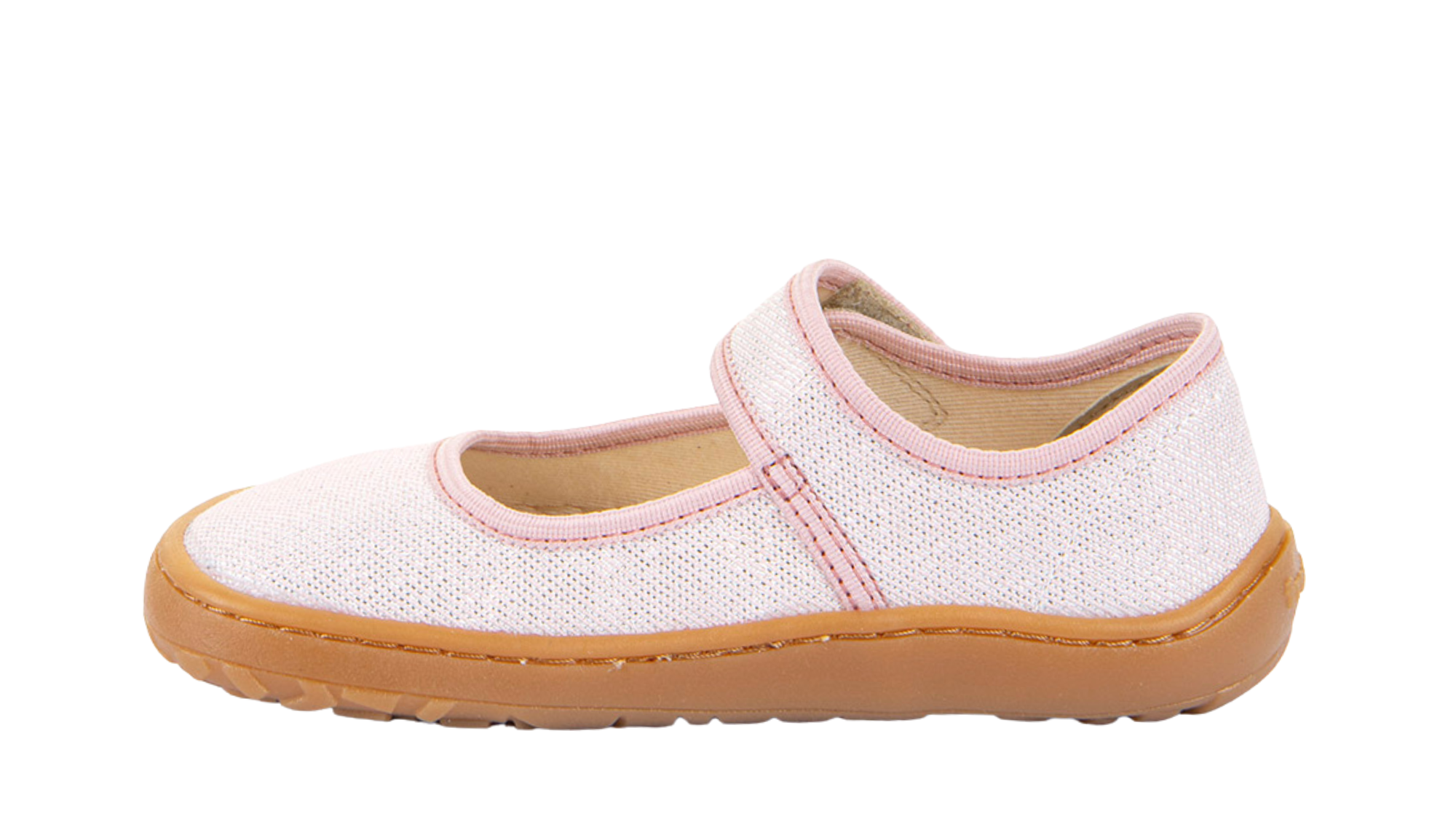 Barfußschuh, geschlossene Zehen und geschlossener Fersenbereich, Spannriemen mit Klettverschluss, flexible Sohle, Einzelschuh, Seitenansicht innen