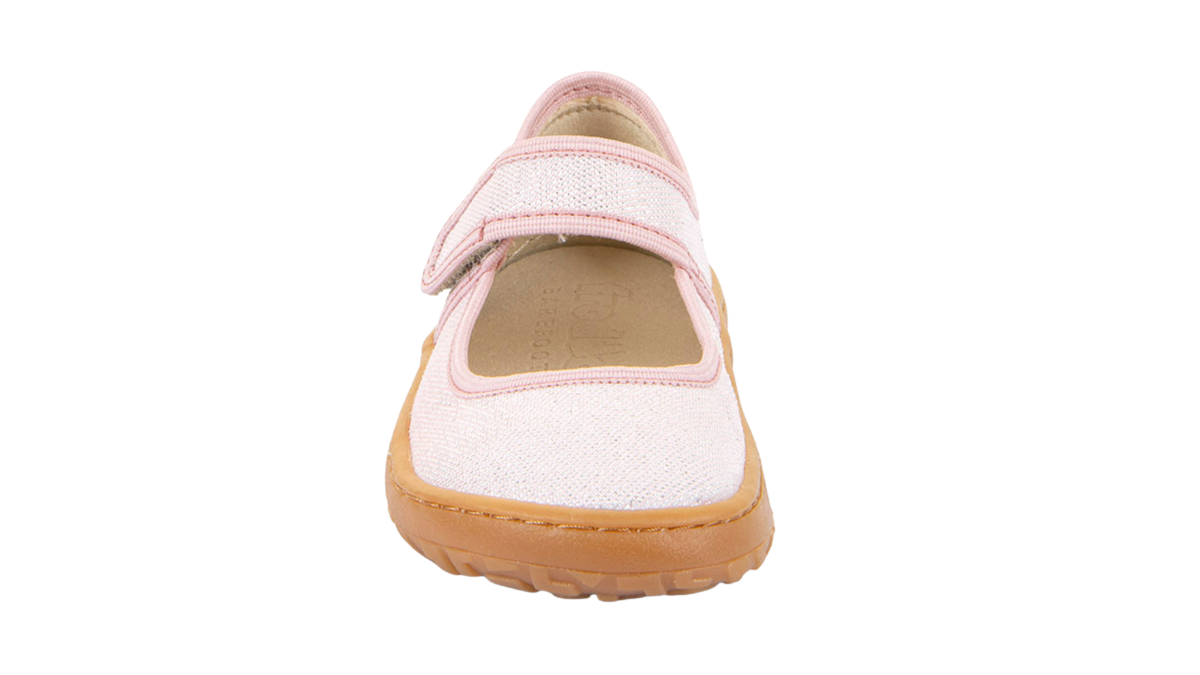 Barfußschuh, geschlossene Zehen und geschlossener Fersenbereich, Spannriemen mit Klettverschluss, flexible Sohle, Einzelschuh, Vorderansicht