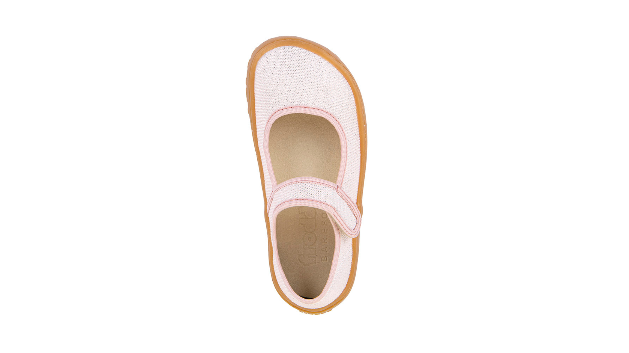 Barfußschuh, geschlossene Zehen und geschlossener Fersenbereich, Spannriemen mit Klettverschluss, flexible Sohle, Einzelschuh, Draufsicht