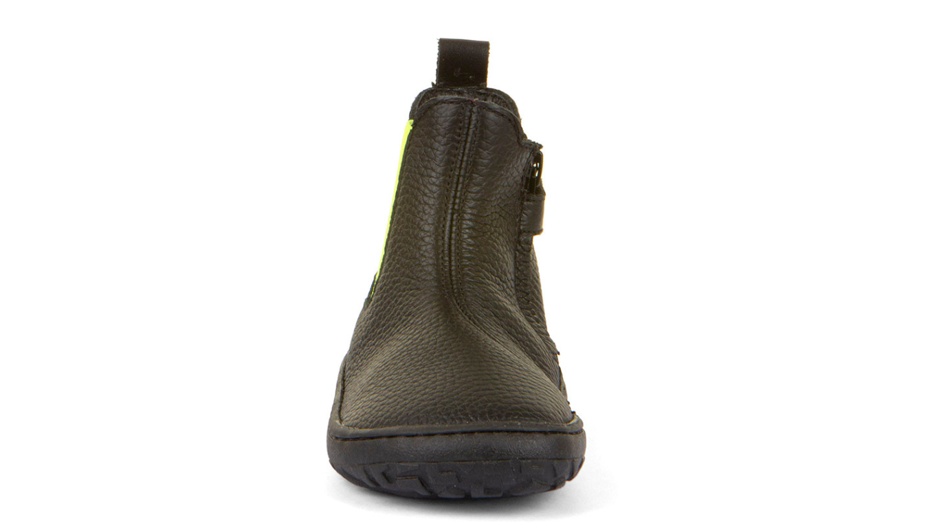 Barfußstiefel mit elastischem seitlichem Einsatz in Kontrastfarbe, geschlossene Zehen und geschlossener Fersenbereich, Draufsicht