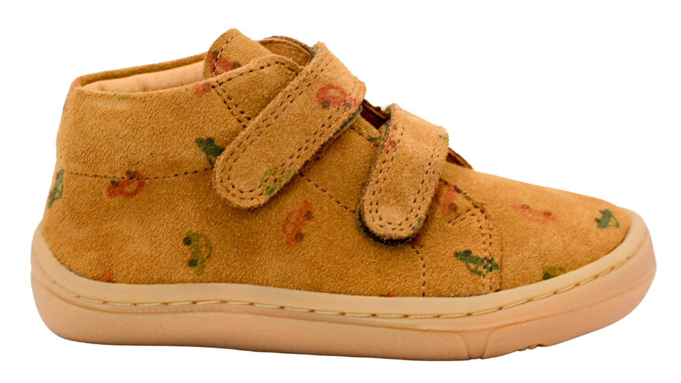 Barfußschuh für Kinder mit zwei Klettverschlüssen, geschlossene Zehen und geschlossener Fersenbereich, Seitenansicht außen, einzelner Schuh