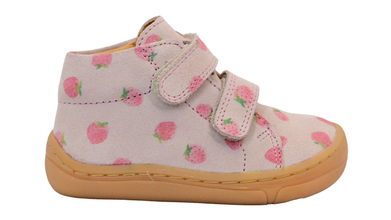 Barfußschuh für Kinder mit zwei Klettverschlüssen, geschlossene Zehen und geschlossener Fersenbereich, Seitenansicht außen, einzelner Schuh