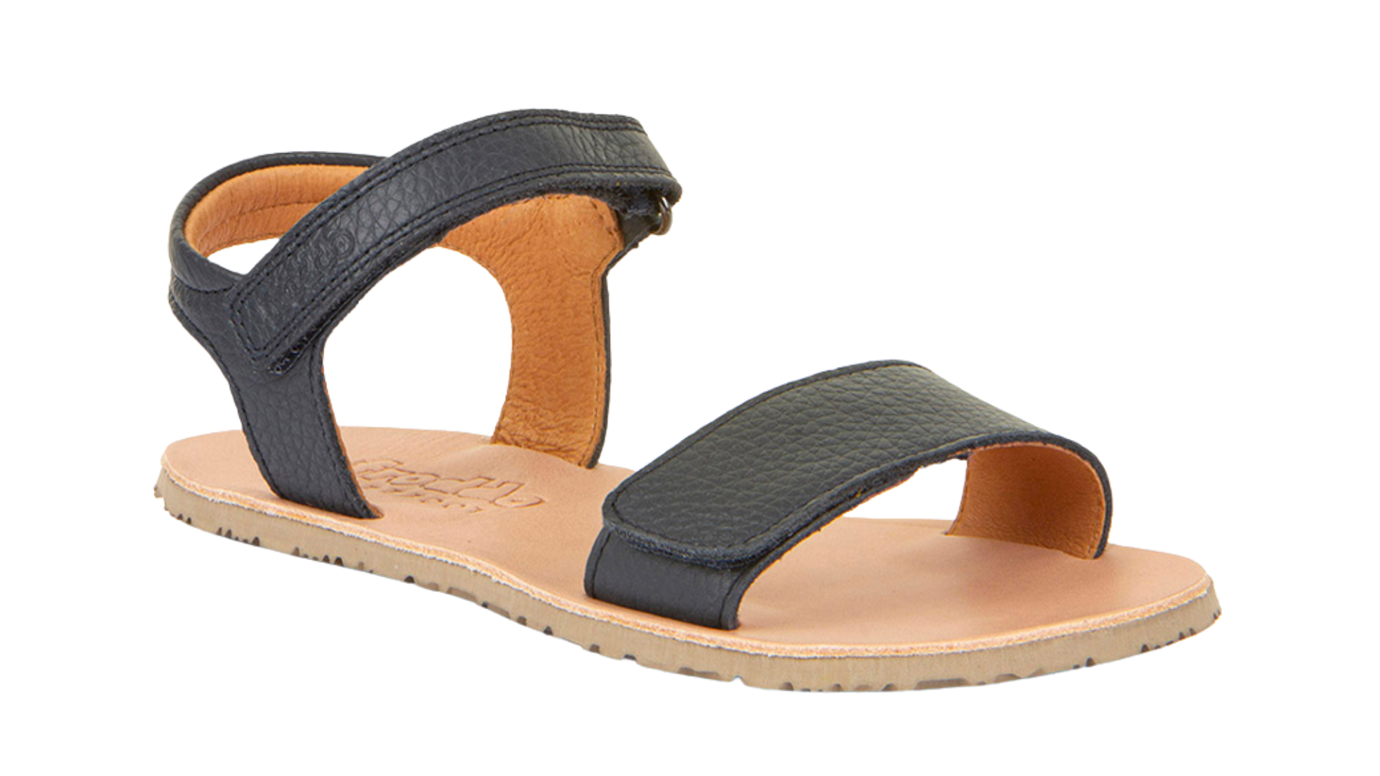 Barfußsandale für Kinder mit zwei Klettverschlüssen, offene Zehen und offener Fersenbereich, einzelner Schuh, schräge Vorderansicht