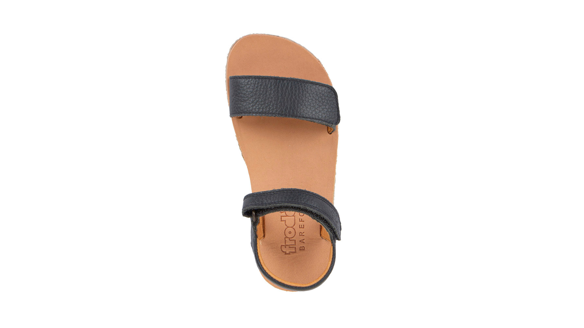 Barfußsandale für Kinder mit zwei Klettverschlüssen, offene Zehen und offener Fersenbereich, einzelner Schuh, Draufsicht