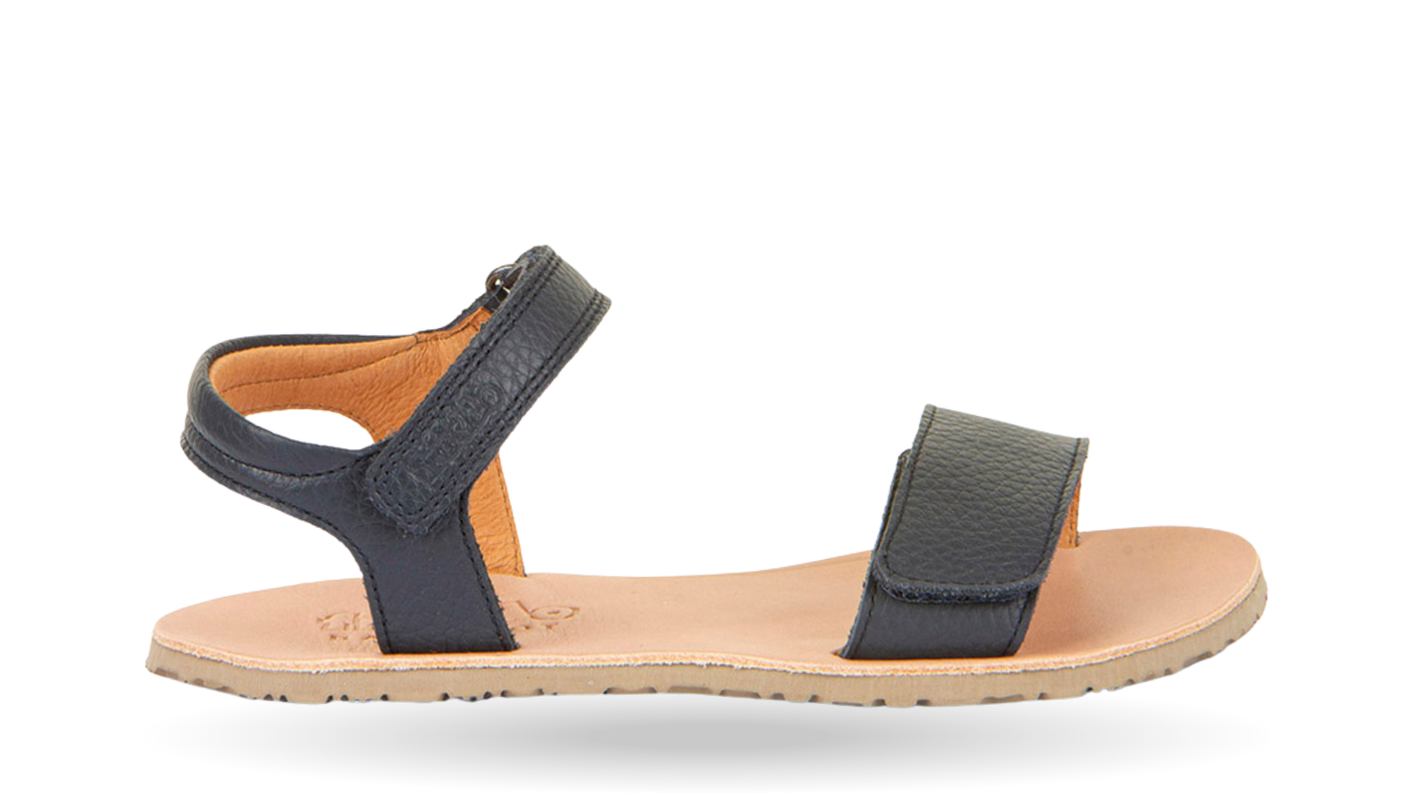 Barfußsandale für Kinder mit zwei Klettverschlüssen, offene Zehen und offener Fersenbereich, Seitenansicht außen, einzelner Schuh