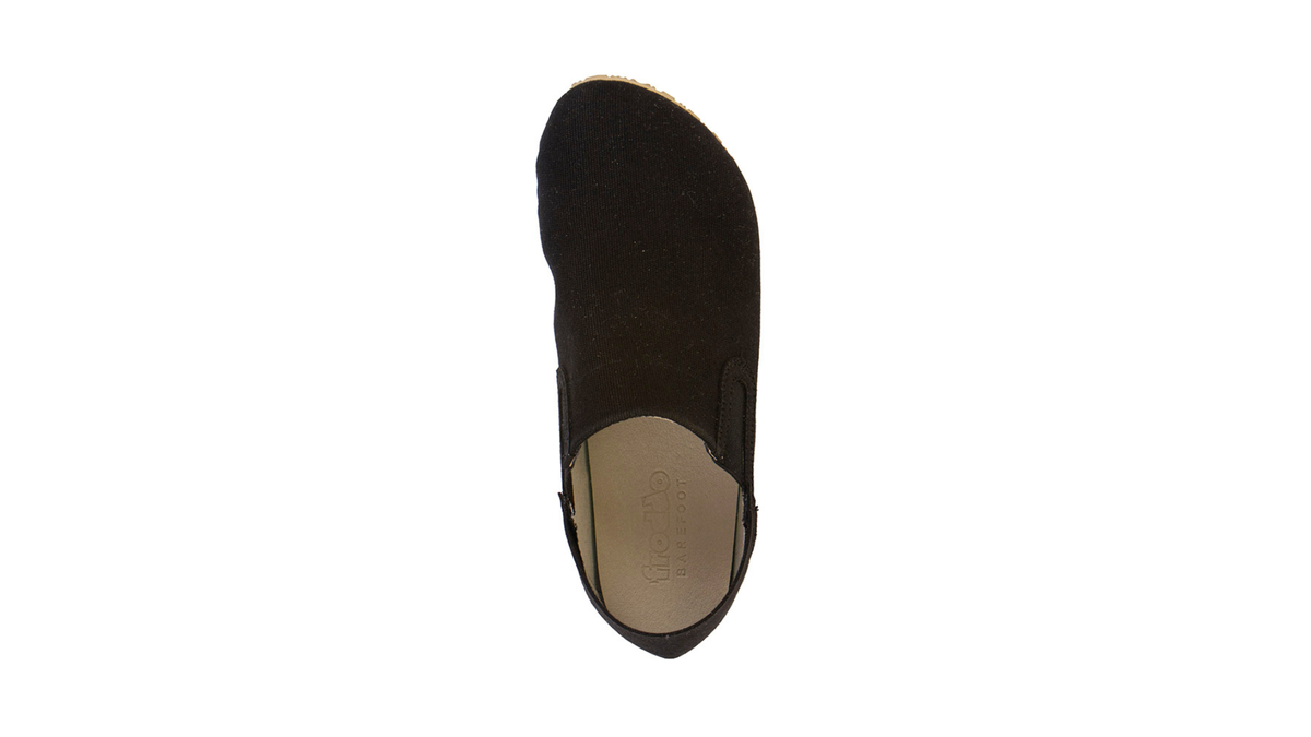 Barfußschuhe als Slipper mit elastischem Einsatz, geschlossene Zehen und geschlossener Fersenbereich, einzelner Schuh, Draufsicht