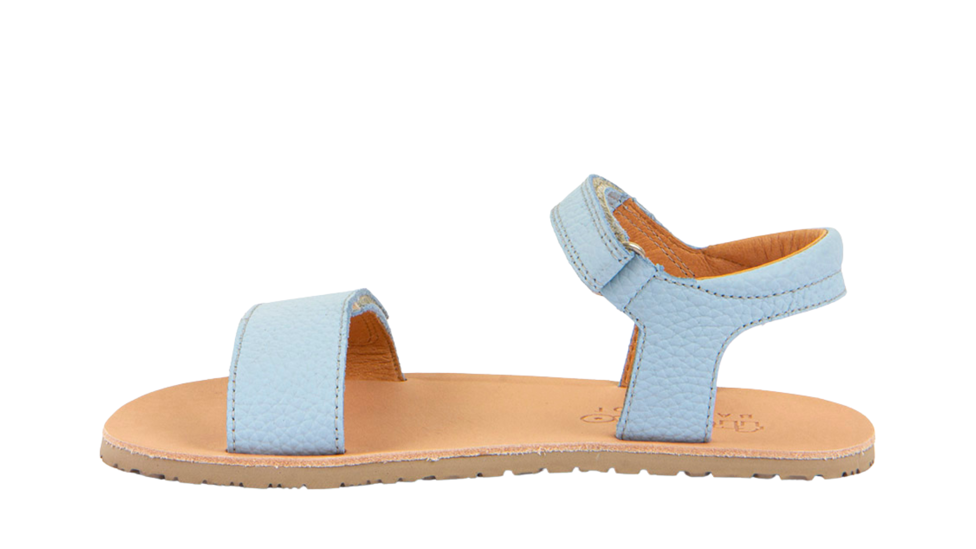 Barfußsandale für Kinder mit zwei Klettverschlüssen, offene Zehen und offener Fersenbereich, Seitenansicht innen, einzelner Schuh