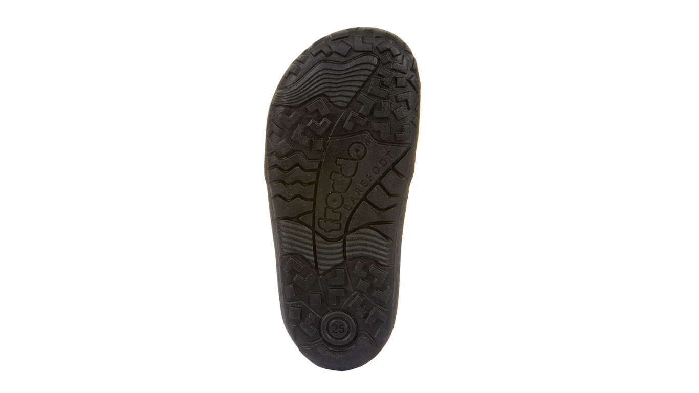 Barfußschuh mit profilierter Sohle und flacher Bauweise, Ansicht von unten