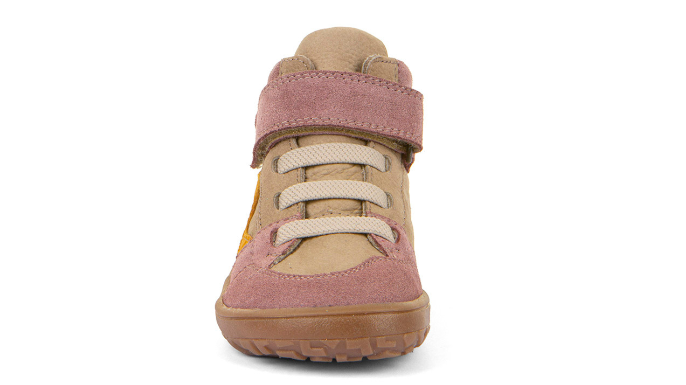 Barfußschuh mit Schnürung und zusätzlichem Klettverschluss, geschlossene Zehen und geschlossener Fersenbereich, Vorderansicht