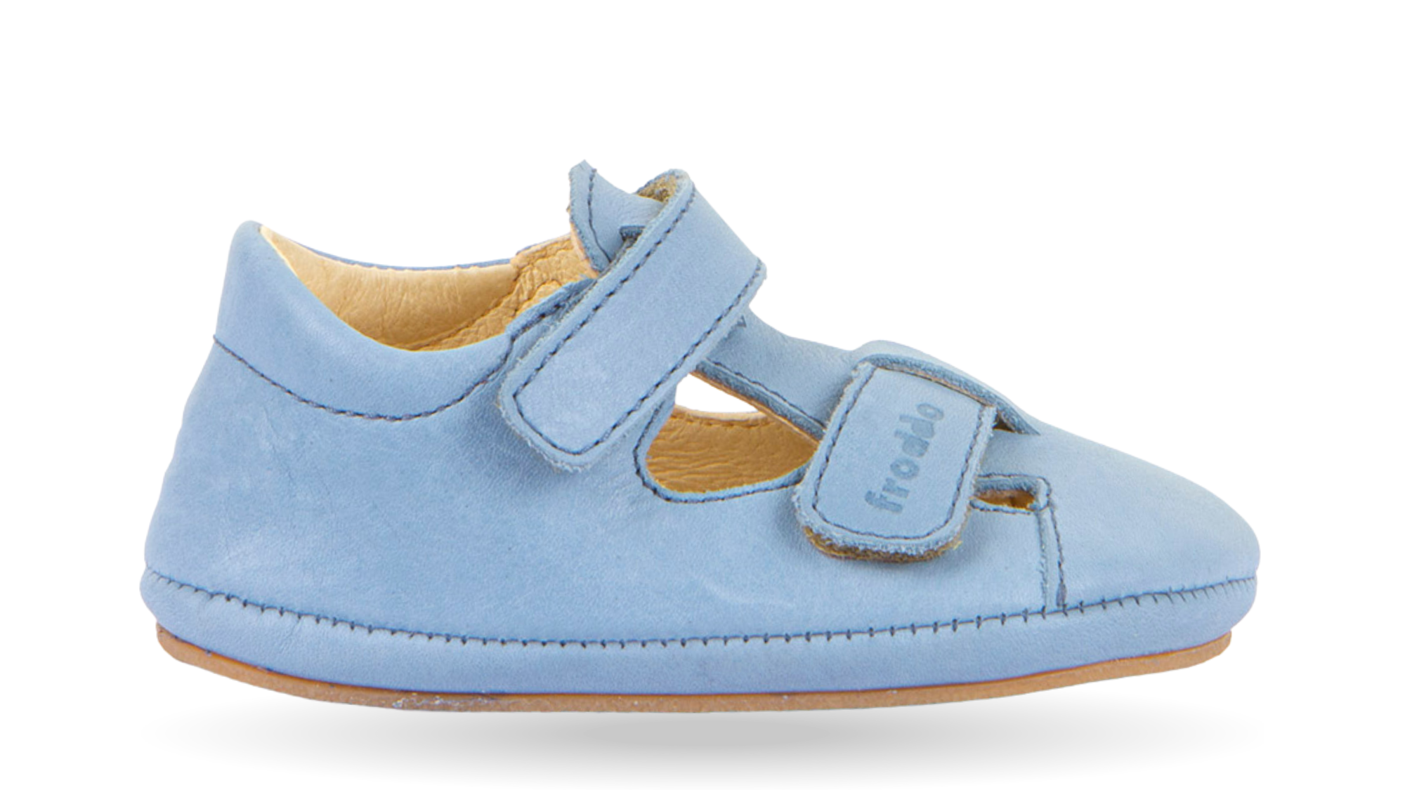 Barfußsandale für Kinder, geschlossene Zehen und geschlossener Fersenbereich, Klettverschluss, seitliche Aussparungen, flexible Sohle, Einzelschuh, Seitenansicht außen