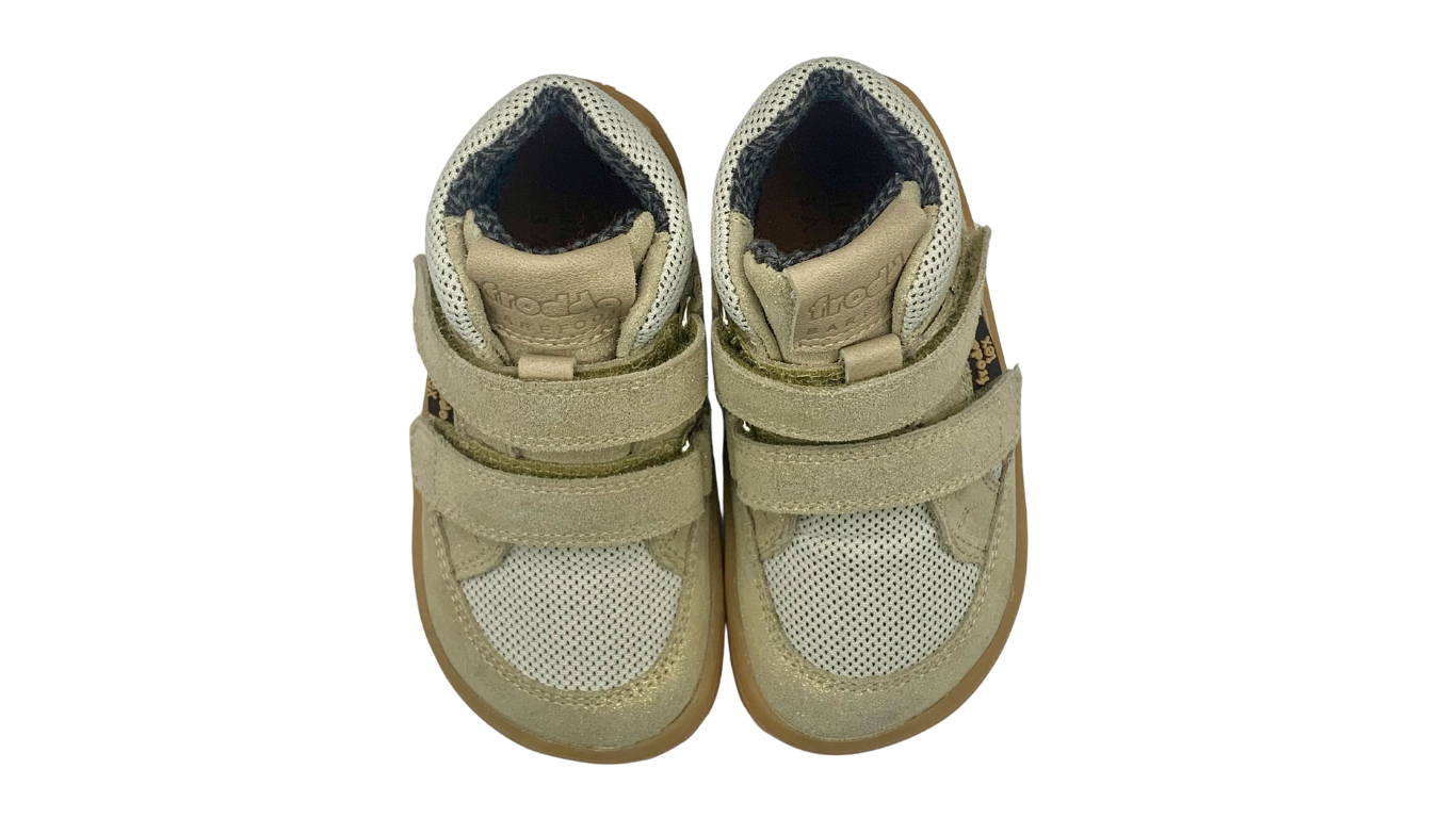 Barfußschuhe für Kinder mit zwei Klettverschlüssen, geschlossene Zehen und geschlossener Fersenbereich, Draufsicht, Paar