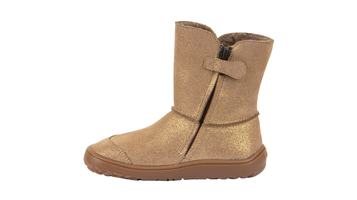 Barfußwinterstiefel für Kinder, geschlossene Zehen und geschlossener Fersenbereich, Schaft ohne Verschluss, flexible Sohle, glitzernde Oberfläche, Einzelschuh, Seitenansicht innen