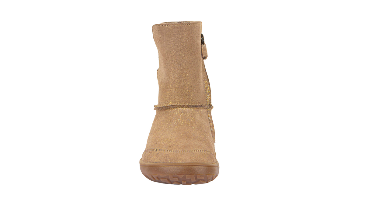 Barfußwinterstiefel für Kinder, geschlossene Zehen und geschlossener Fersenbereich, Schaft ohne Verschluss, flexible Sohle, glitzernde Oberfläche, Einzelschuh, Vorderansicht