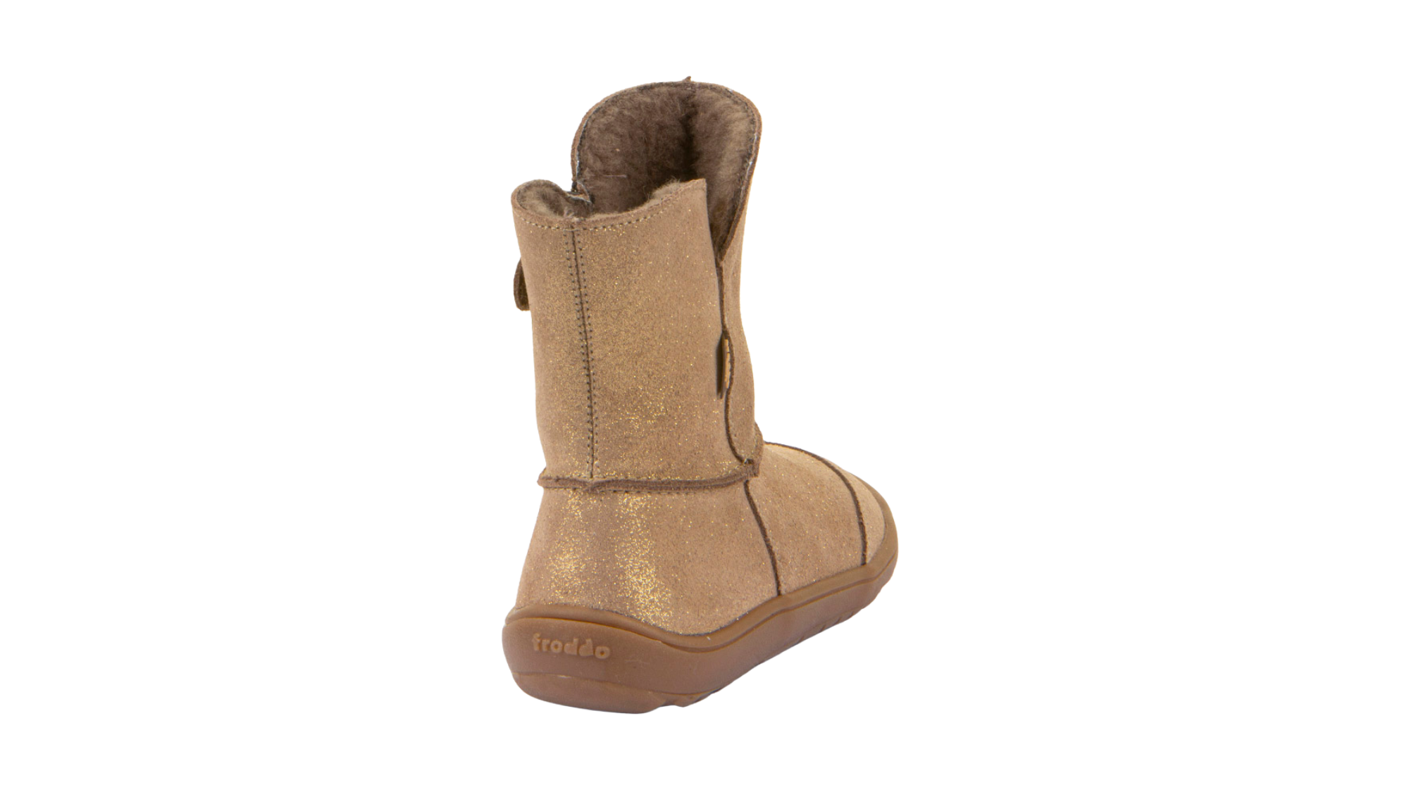 Barfußwinterstiefel für Kinder, geschlossene Zehen und geschlossener Fersenbereich, Schaft ohne Verschluss, flexible Sohle, glitzernde Oberfläche, Einzelschuh, Rückansicht