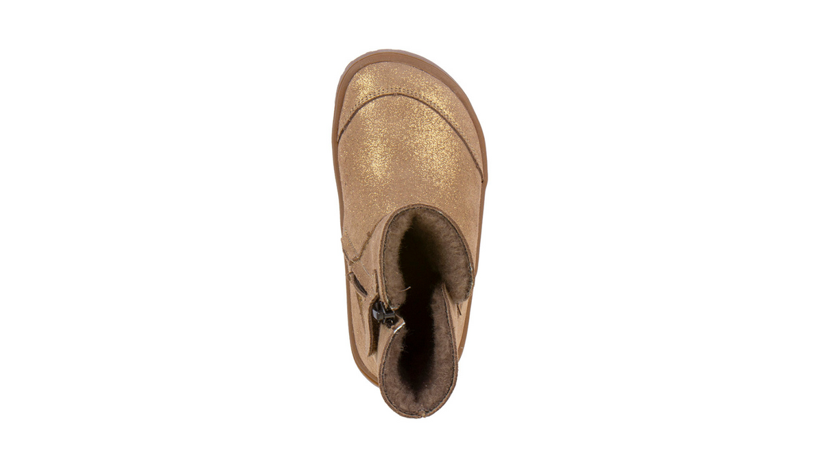 Barfußwinterstiefel für Kinder, geschlossene Zehen und geschlossener Fersenbereich, Schaft ohne Verschluss, flexible Sohle, glitzernde Oberfläche, Einzelschuh, Draufsicht