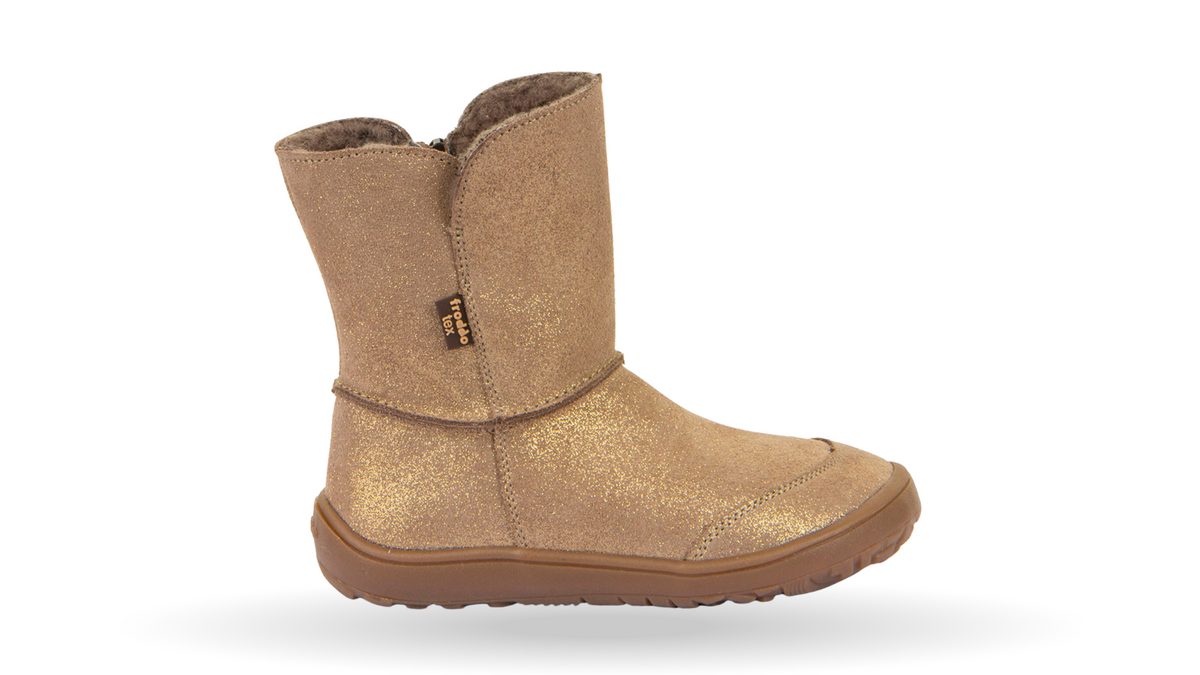Barfußwinterstiefel für Kinder, geschlossene Zehen und geschlossener Fersenbereich, Schaft ohne Verschluss, flexible Sohle, glitzernde Oberfläche, Einzelschuh, Seitenansicht außen