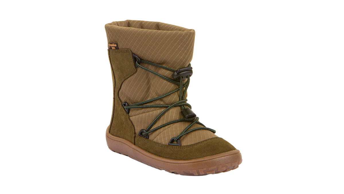 Barfußwinterstiefel für Kinder, geschlossene Zehen und geschlossener Fersenbereich, Schnürung mit Kordelzug, profilierte Sohle, Einzelschuh, schräge Vorderansicht