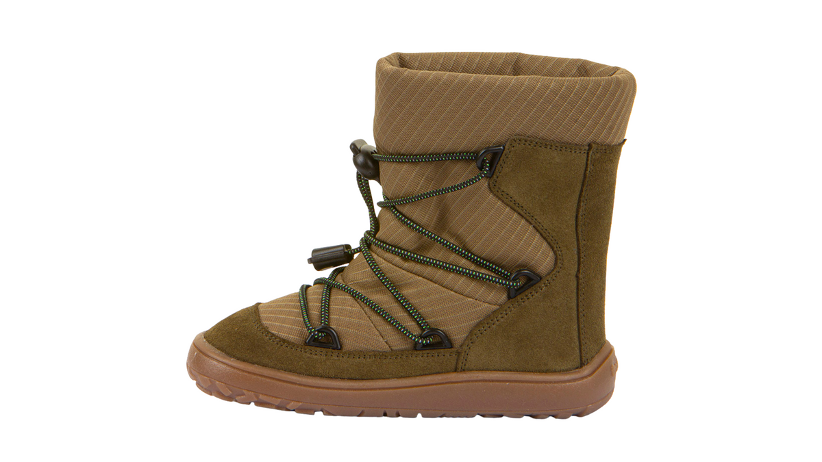Barfußwinterstiefel für Kinder, geschlossene Zehen und geschlossener Fersenbereich, Schnürung mit Kordelzug, profilierte Sohle, Einzelschuh, Seitenansicht innen