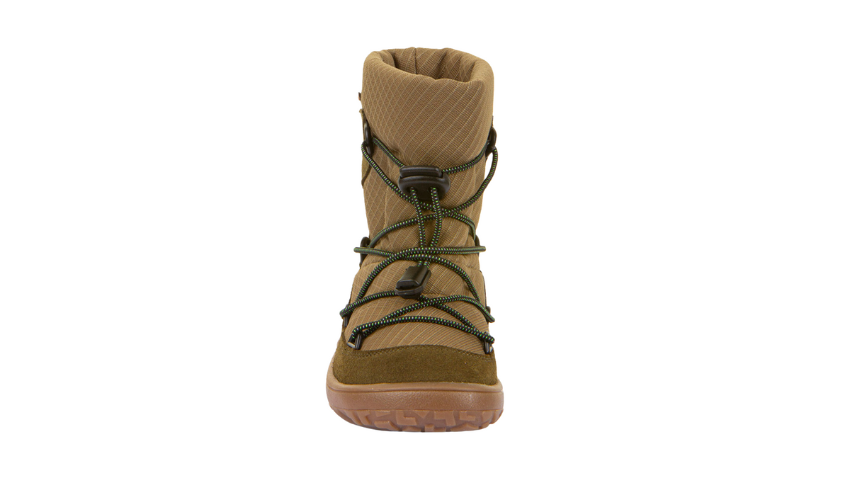 Barfußwinterstiefel für Kinder, geschlossene Zehen und geschlossener Fersenbereich, Schnürung mit Kordelzug, profilierte Sohle, Einzelschuh, Vorderansicht