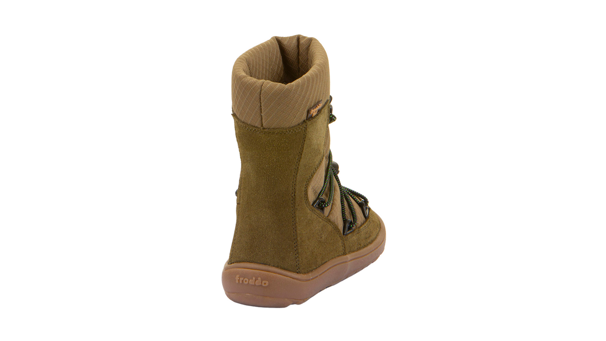 Barfußwinterstiefel für Kinder, geschlossene Zehen und geschlossener Fersenbereich, Schnürung mit Kordelzug, profilierte Sohle, Einzelschuh, Rückansicht