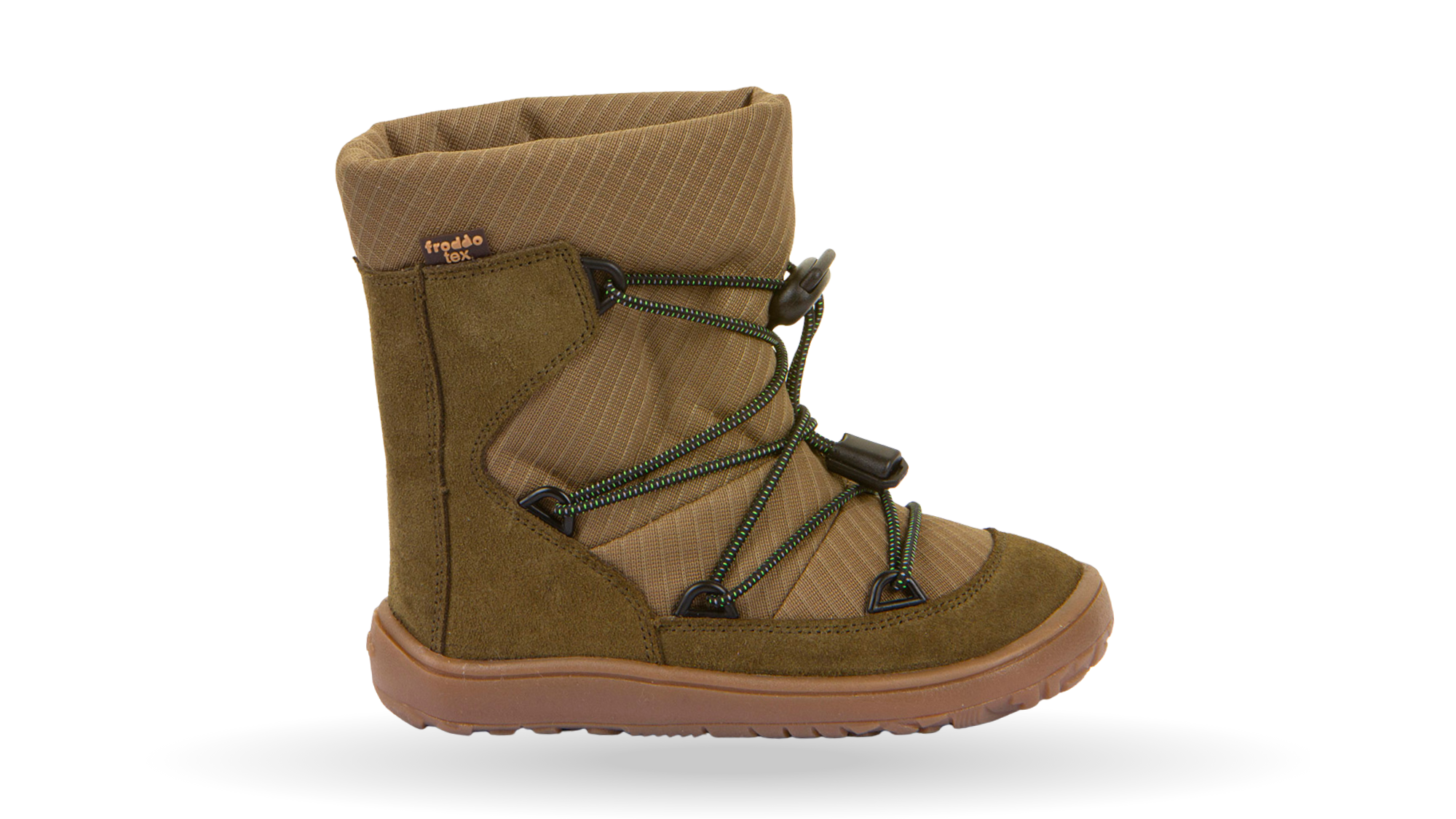 Barfußwinterstiefel für Kinder, geschlossene Zehen und geschlossener Fersenbereich, Schnürung mit Kordelzug, profilierte Sohle, Einzelschuh, Seitenansicht außen
