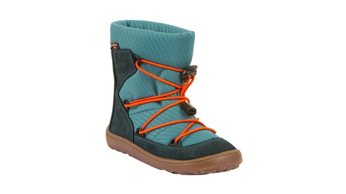 Barfußwinterstiefel für Kinder, geschlossene Zehen und geschlossener Fersenbereich, Schnürung mit Kordelzug, profilierte Sohle, Einzelschuh, schräge Vorderansicht