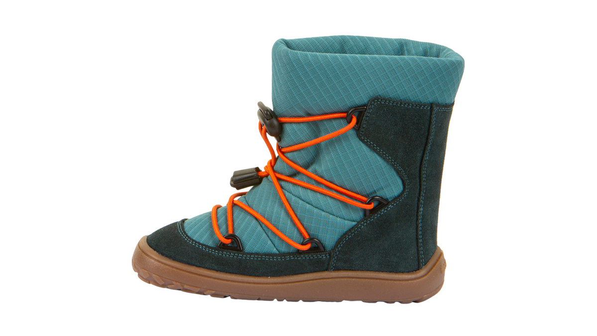 Barfußwinterstiefel für Kinder, geschlossene Zehen und geschlossener Fersenbereich, Schnürung mit Kordelzug, profilierte Sohle, Einzelschuh, Seitenansicht innen