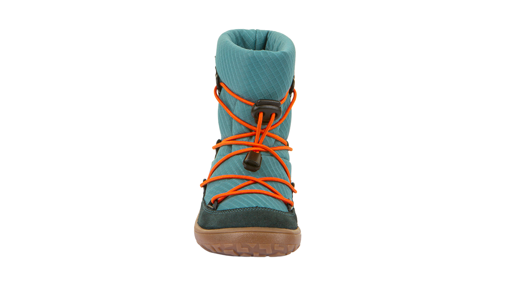Barfußwinterstiefel für Kinder, geschlossene Zehen und geschlossener Fersenbereich, Schnürung mit Kordelzug, profilierte Sohle, Einzelschuh, Vorderansicht