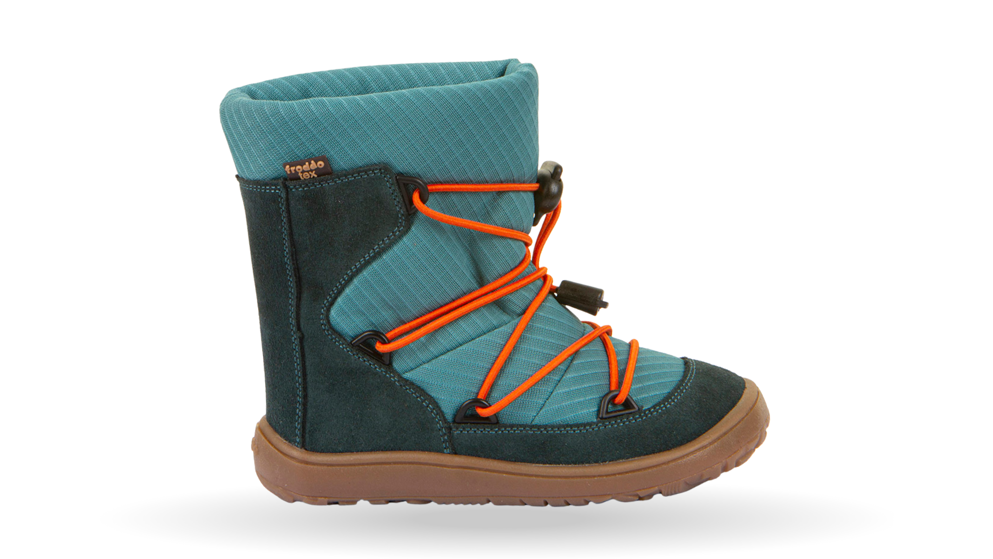 Barfußwinterstiefel für Kinder, geschlossene Zehen und geschlossener Fersenbereich, Schnürung mit Kordelzug, profilierte Sohle, Einzelschuh, Seitenansicht außen