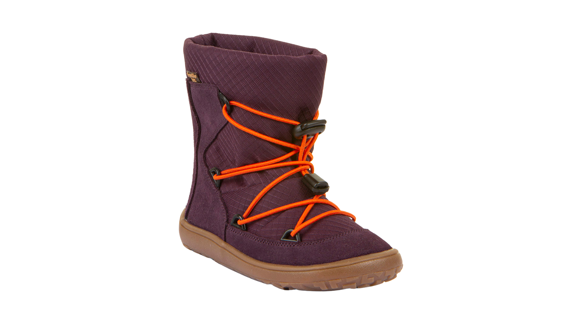 Barfußwinterstiefel für Kinder, geschlossene Zehen und geschlossener Fersenbereich, Schnürung mit Kordelzug, profilierte Sohle, Einzelschuh, schräge Vorderansicht