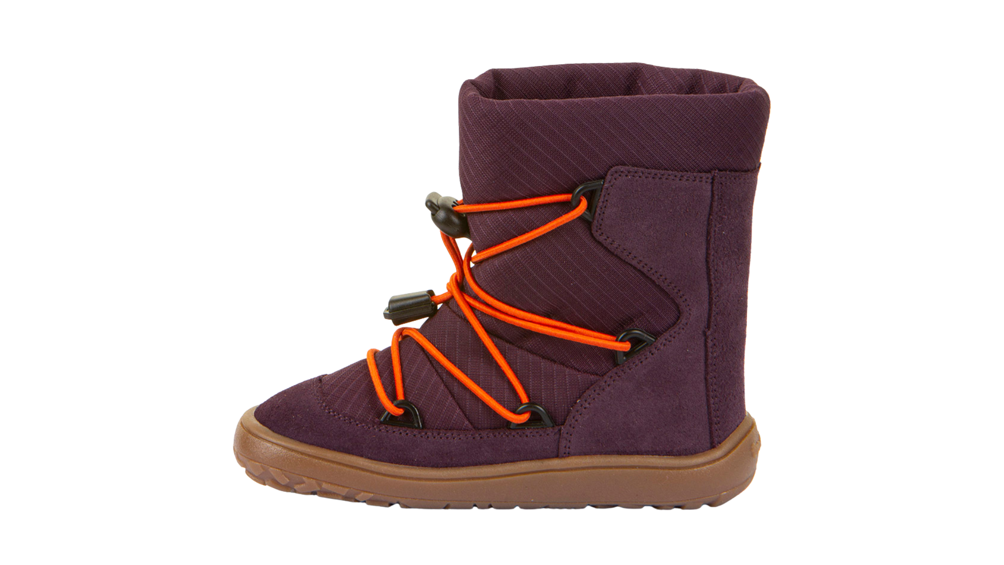 Barfußwinterstiefel für Kinder, geschlossene Zehen und geschlossener Fersenbereich, Schnürung mit Kordelzug, profilierte Sohle, Einzelschuh, Seitenansicht innen