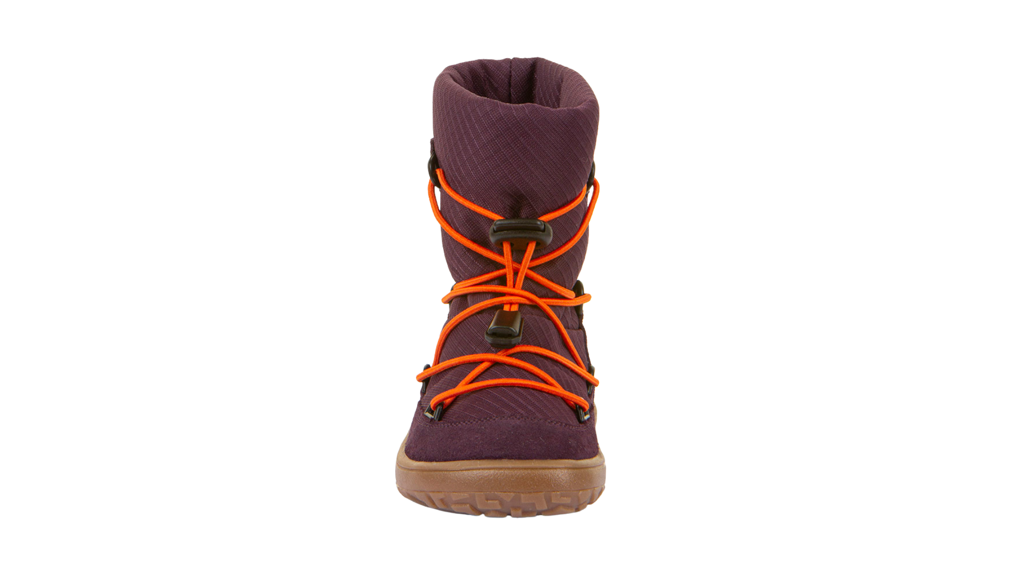 Barfußwinterstiefel für Kinder, geschlossene Zehen und geschlossener Fersenbereich, Schnürung mit Kordelzug, profilierte Sohle, Einzelschuh, Vorderansicht