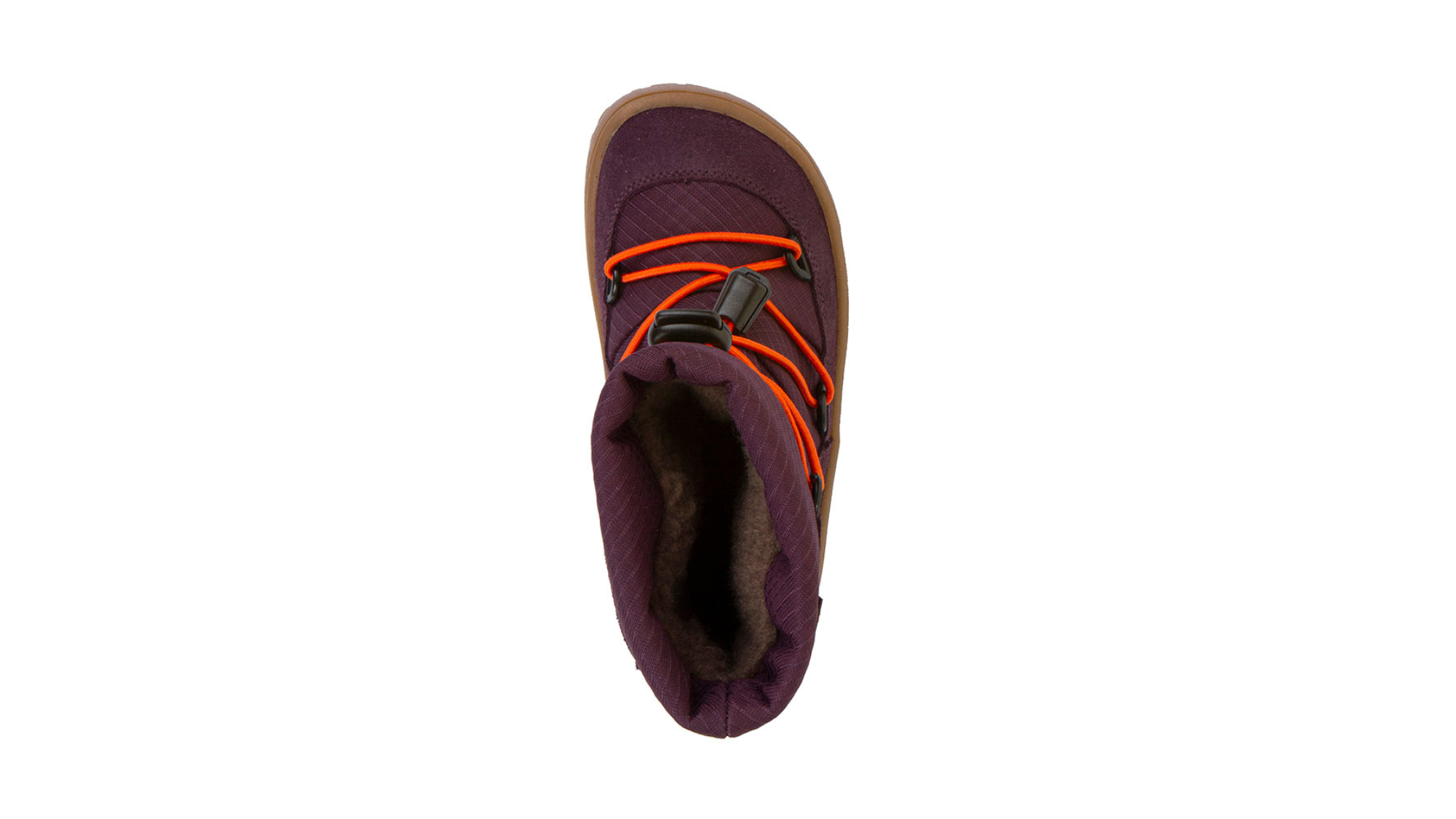 Barfußwinterstiefel für Kinder, geschlossene Zehen und geschlossener Fersenbereich, Schnürung mit Kordelzug, profilierte Sohle, Einzelschuh, Draufsicht