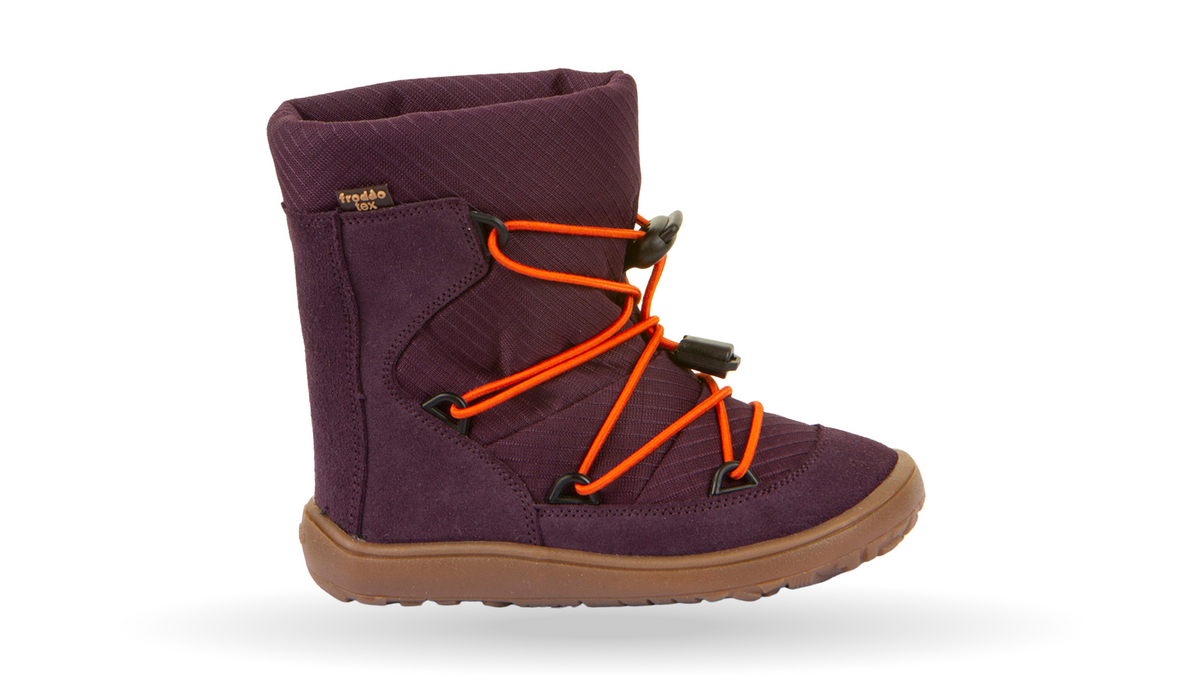 Barfußwinterstiefel für Kinder, geschlossene Zehen und geschlossener Fersenbereich, Schnürung mit Kordelzug, profilierte Sohle, Einzelschuh, Seitenansicht außen