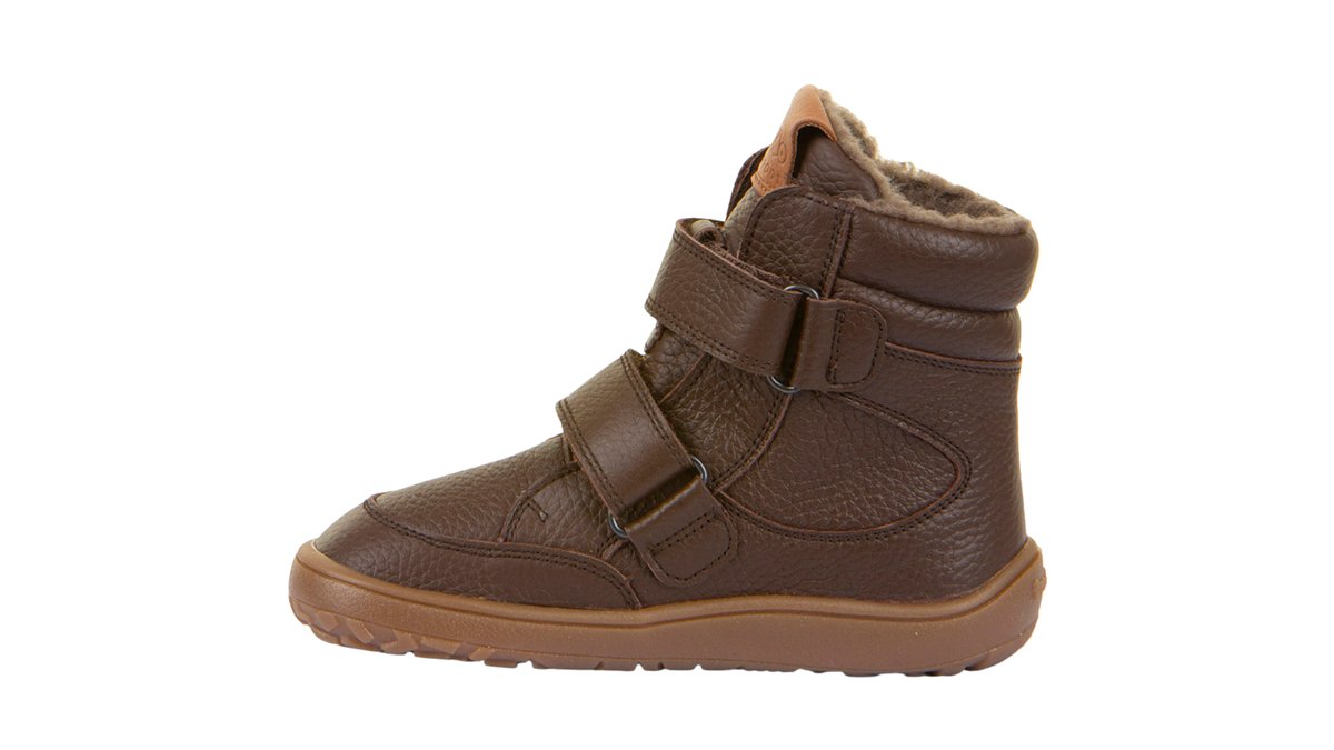 Barfußwinterstiefel für Kinder, geschlossene Zehen und geschlossener Fersenbereich, zwei Klettverschlüsse, profilierte Sohle, strukturierte Oberfläche, Einzelschuh, Seitenansicht innen