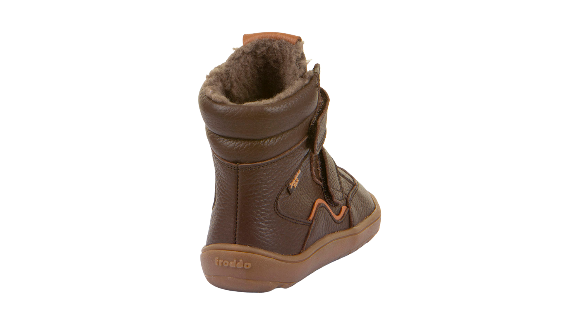 Barfußwinterstiefel für Kinder, geschlossene Zehen und geschlossener Fersenbereich, zwei Klettverschlüsse, profilierte Sohle, strukturierte Oberfläche, Einzelschuh, Rückansicht