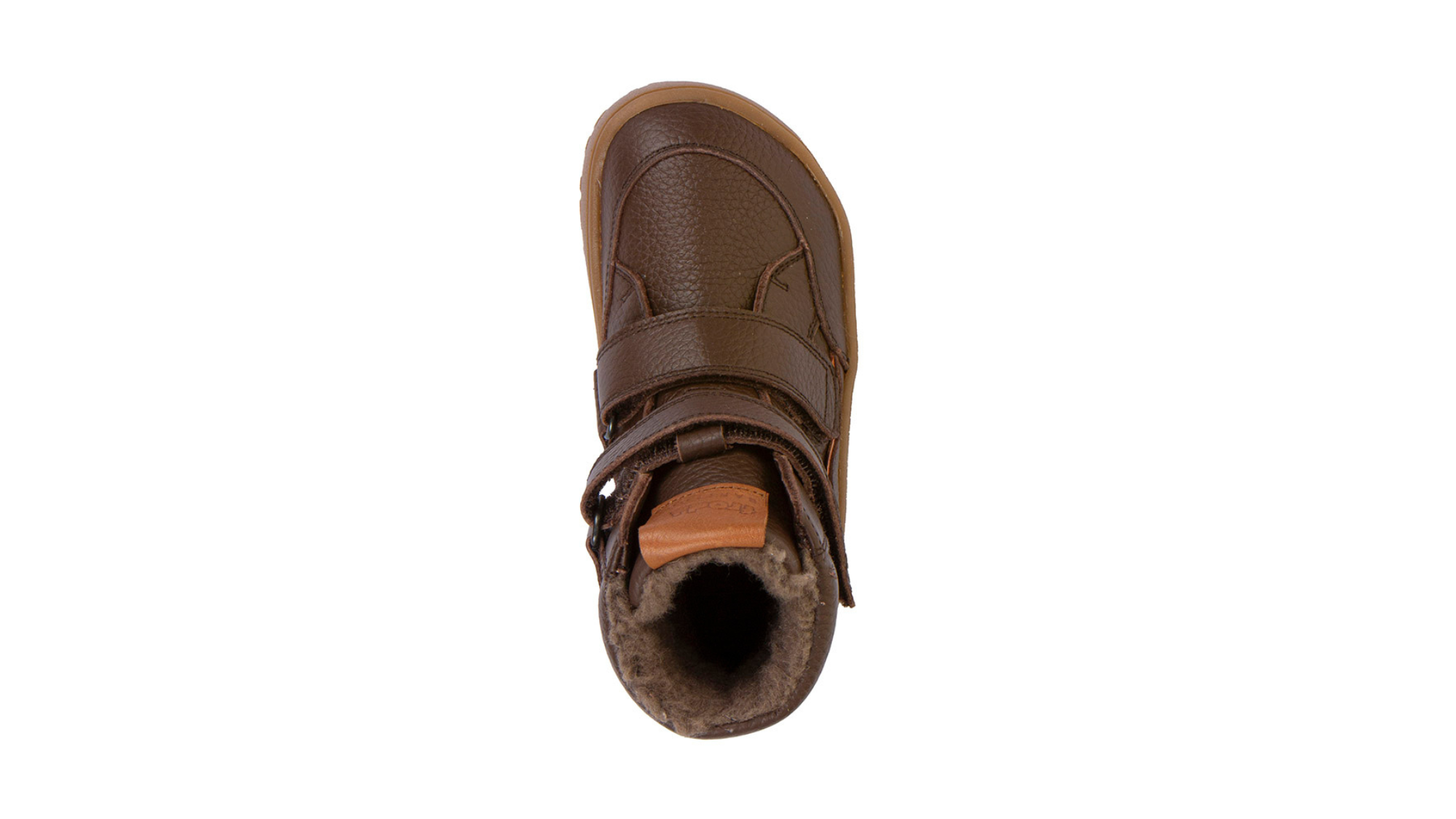 Barfußwinterstiefel für Kinder, geschlossene Zehen und geschlossener Fersenbereich, zwei Klettverschlüsse, profilierte Sohle, strukturierte Oberfläche, Einzelschuh, Draufsicht