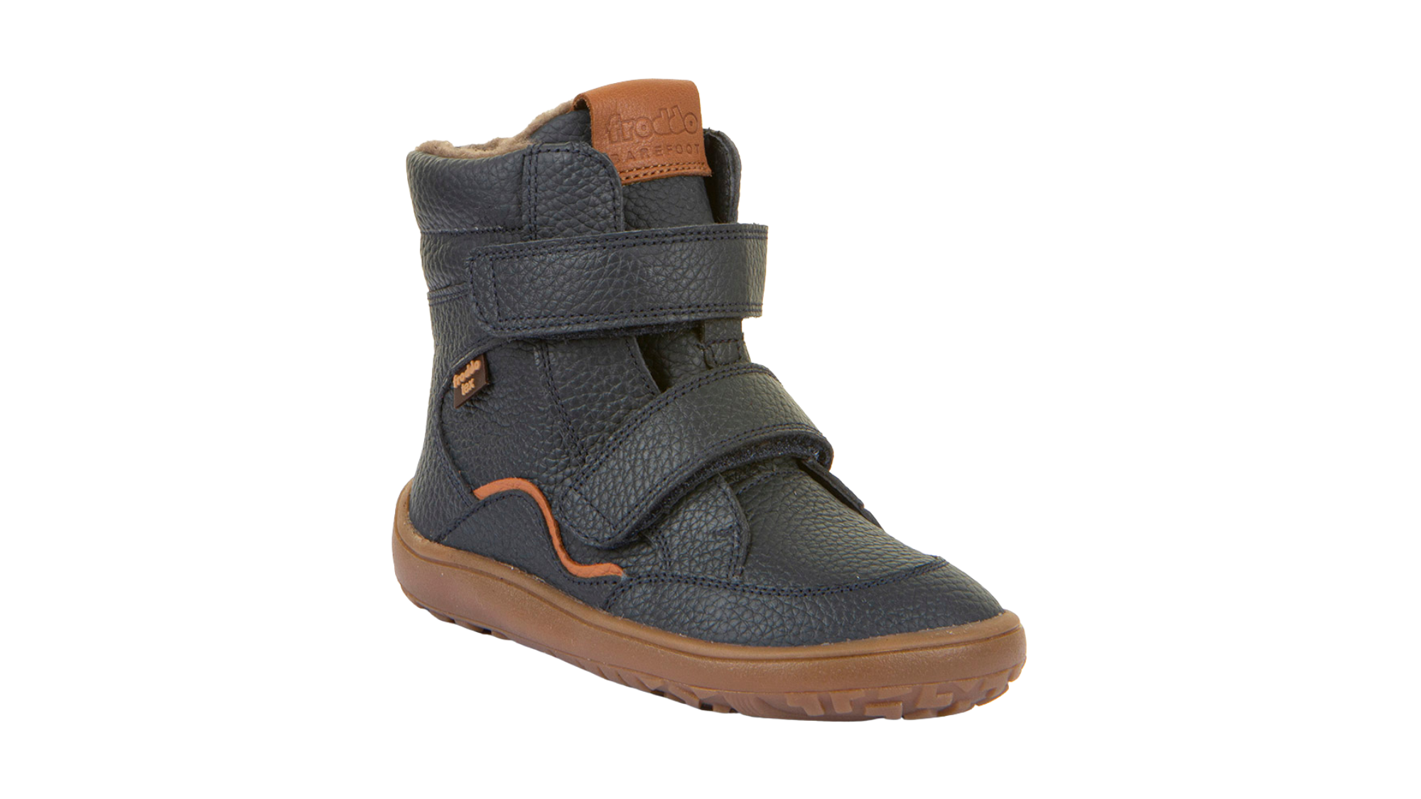 Barfußwinterstiefel für Kinder, geschlossene Zehen und geschlossener Fersenbereich, zwei Klettverschlüsse, profilierte Sohle, strukturierte Oberfläche, Einzelschuh, schräge Vorderansicht